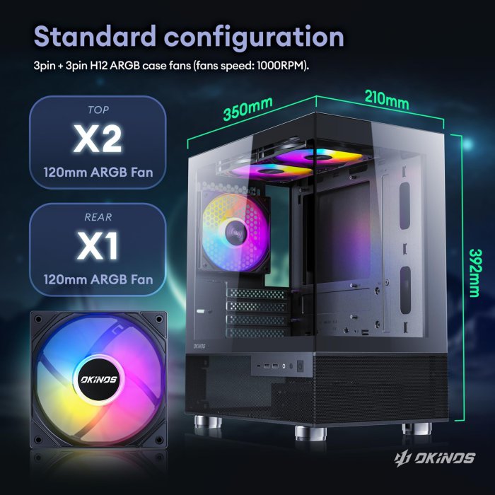 Okinos Aqua 3 MATX PC Case with ARGB Fans & Tempered Glass (image 4)