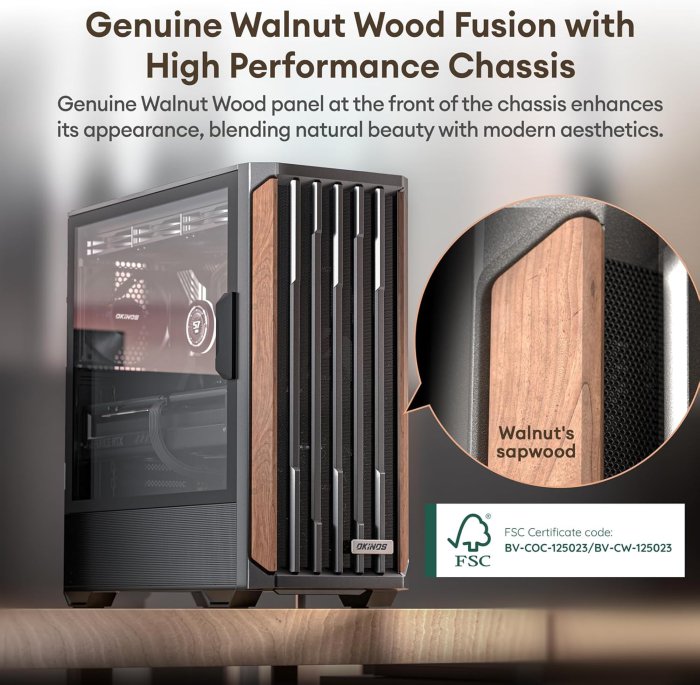 Walnut Wood PC Case, 360mm Radiator Support, 4 x 120mm Fans, Type-C Port, Tempered Glass Panel, Cypress 7 (image 2)