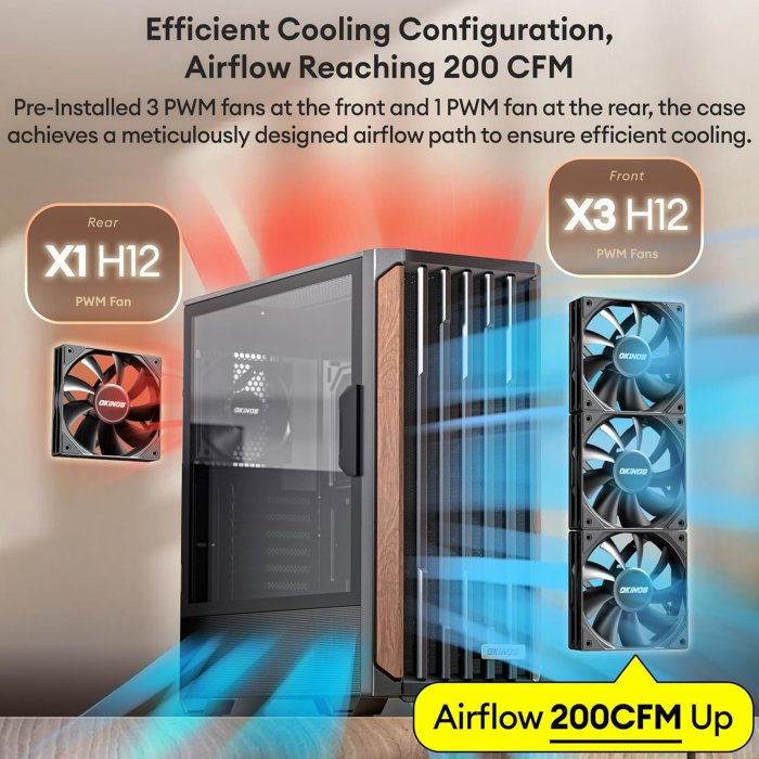 Walnut Wood PC Case, 360mm Radiator Support, 4 x 120mm Fans, Type-C Port, Tempered Glass Panel, Cypress 7 (image 4)
